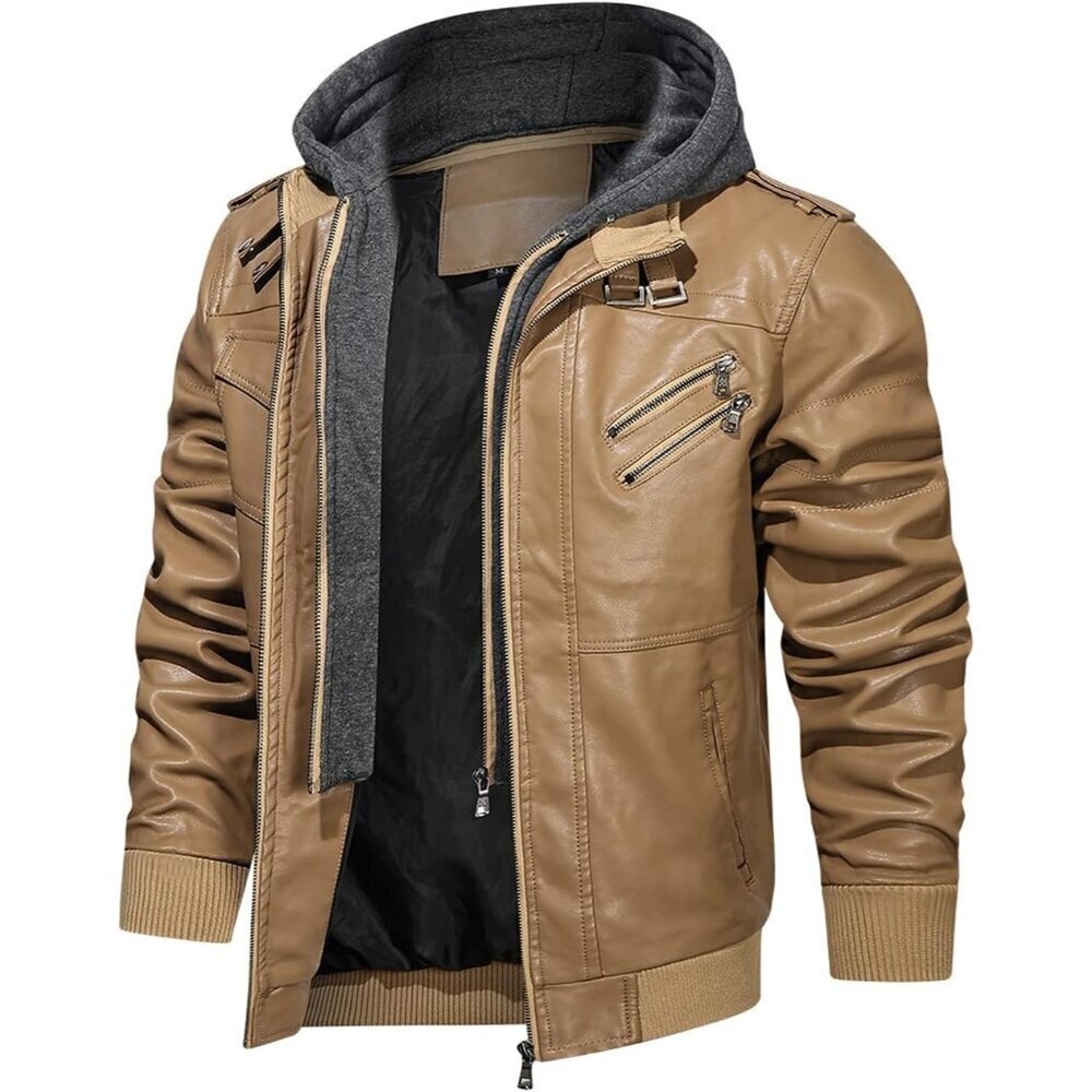 🆕 Hood Crew PU Faux Leather Zipper Jacket Men Brown Stand Collar Bomber Hood - Picture 2 of 6